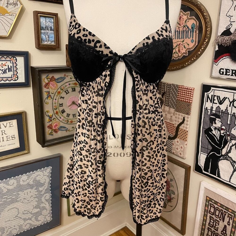 Leopard Print Babydoll Lingerie With Black Lace Detail 36B